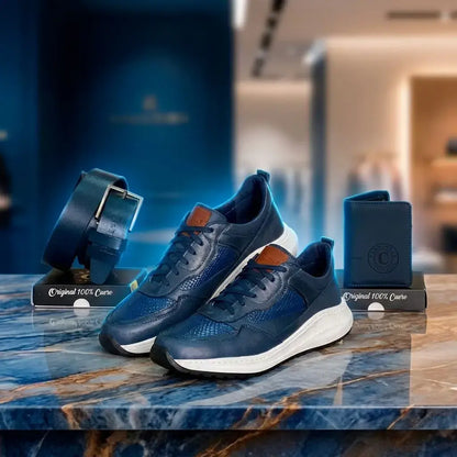 Combo ejecutivo para hombre con zapato sport en cuero encerado y grabado, correa en cuero y billetera. Elegante, cómodo y funcional para oficina, uso diario o regalo.