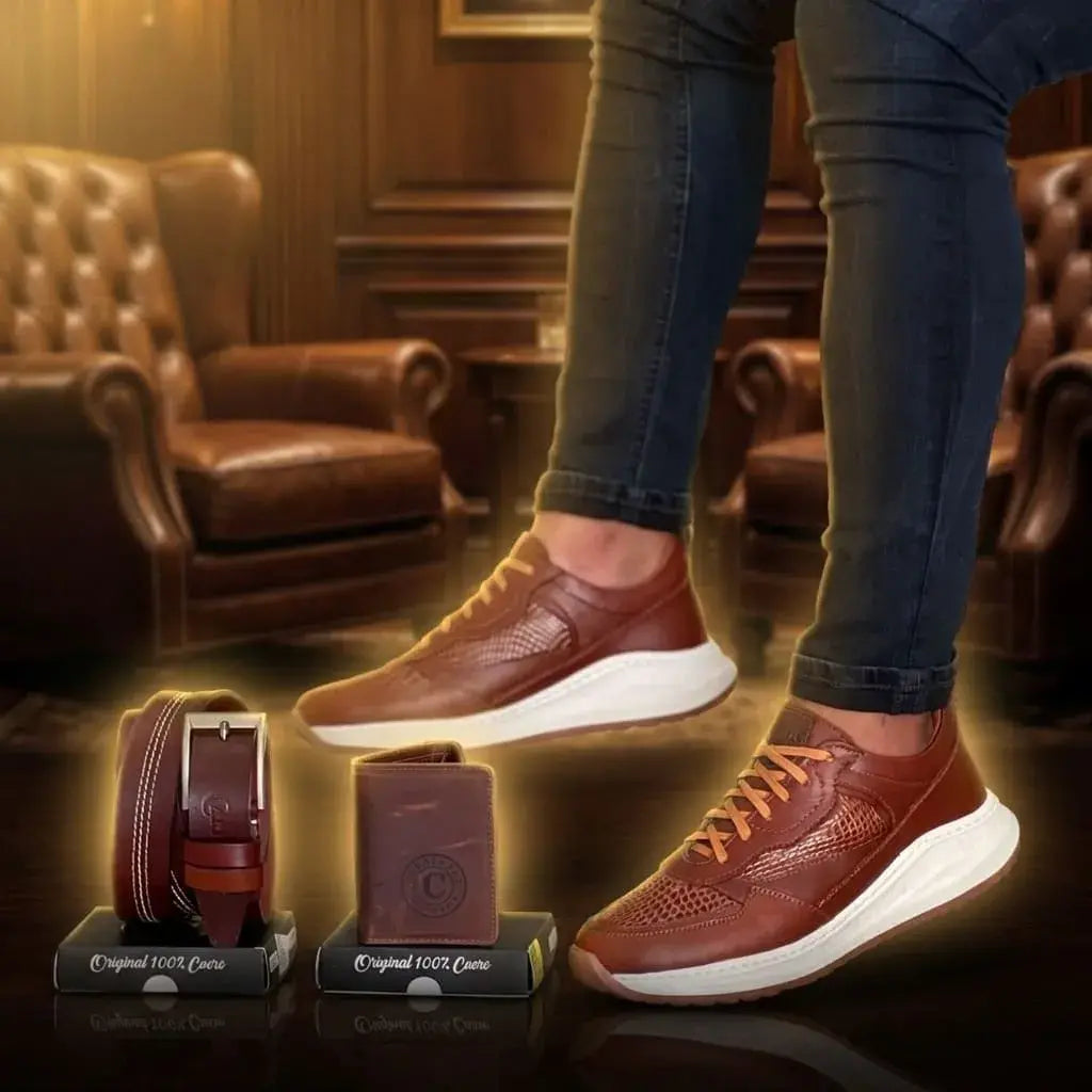 Combo ejecutivo para hombre con zapato sport en cuero encerado y grabado, correa en cuero y billetera. Elegante, cómodo y funcional para oficina, uso diario o regalo.