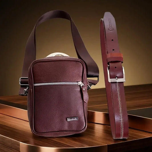 Combo para hombre con bolso en cuero y correa en cuero. Elegante, práctico y resistente para oficina, trabajo, universidad, viajes o regalo.