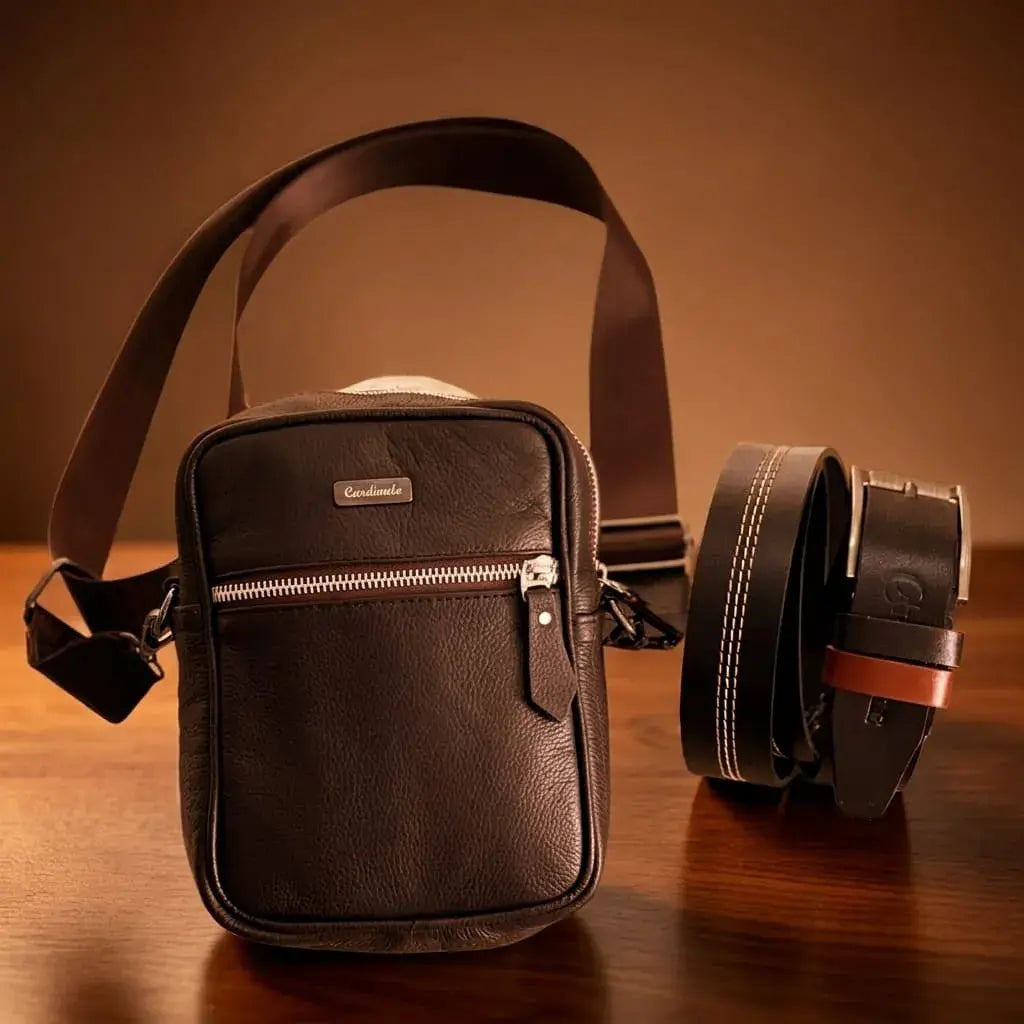 Combo para hombre con bolso en cuero y correa en cuero. Elegante, práctico y resistente para oficina, trabajo, universidad, viajes o regalo.