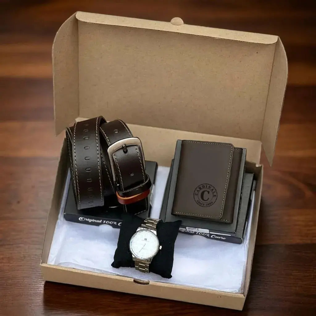 Combo premium para hombre con correa repujada, billetera en cuero encerado tres partes, reloj metálico y caja de obsequio. Elegante, práctico y perfecto para regalo.