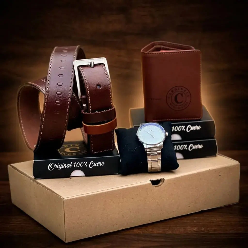 Combo premium para hombre con correa repujada, billetera en cuero encerado tres partes, reloj metálico y caja de obsequio. Elegante, práctico y perfecto para regalo.