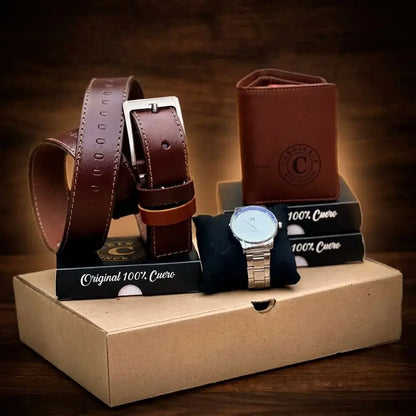 Combo premium para hombre con correa repujada, billetera en cuero encerado tres partes, reloj metálico y caja de obsequio. Elegante, práctico y perfecto para regalo.