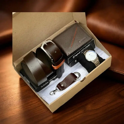 Combo premium para hombre con correa repujada, billetera en cuero encerado tres partes, reloj metálico y caja de obsequio. Elegante, práctico y perfecto para regalo.