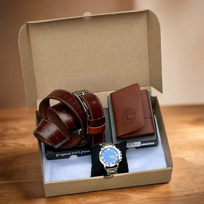 Combo premium para hombre con correa repujada, billetera en cuero encerado tres partes, reloj metálico y caja de obsequio. Elegante, práctico y perfecto para regalo.