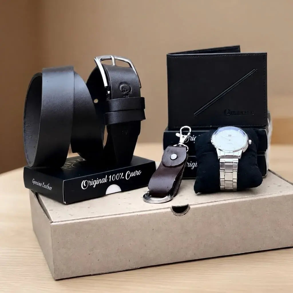 Combo premium para hombre con correa repujada, billetera en cuero encerado tres partes, reloj metálico y caja de obsequio. Elegante, práctico y perfecto para regalo.