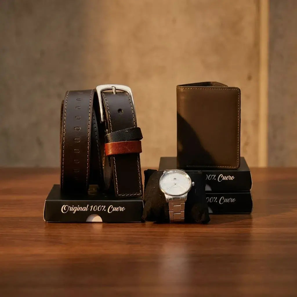 Combo premium para hombre con correa repujada, billetera en cuero encerado tres partes, reloj metálico y caja de obsequio. Elegante, práctico y perfecto para regalo.