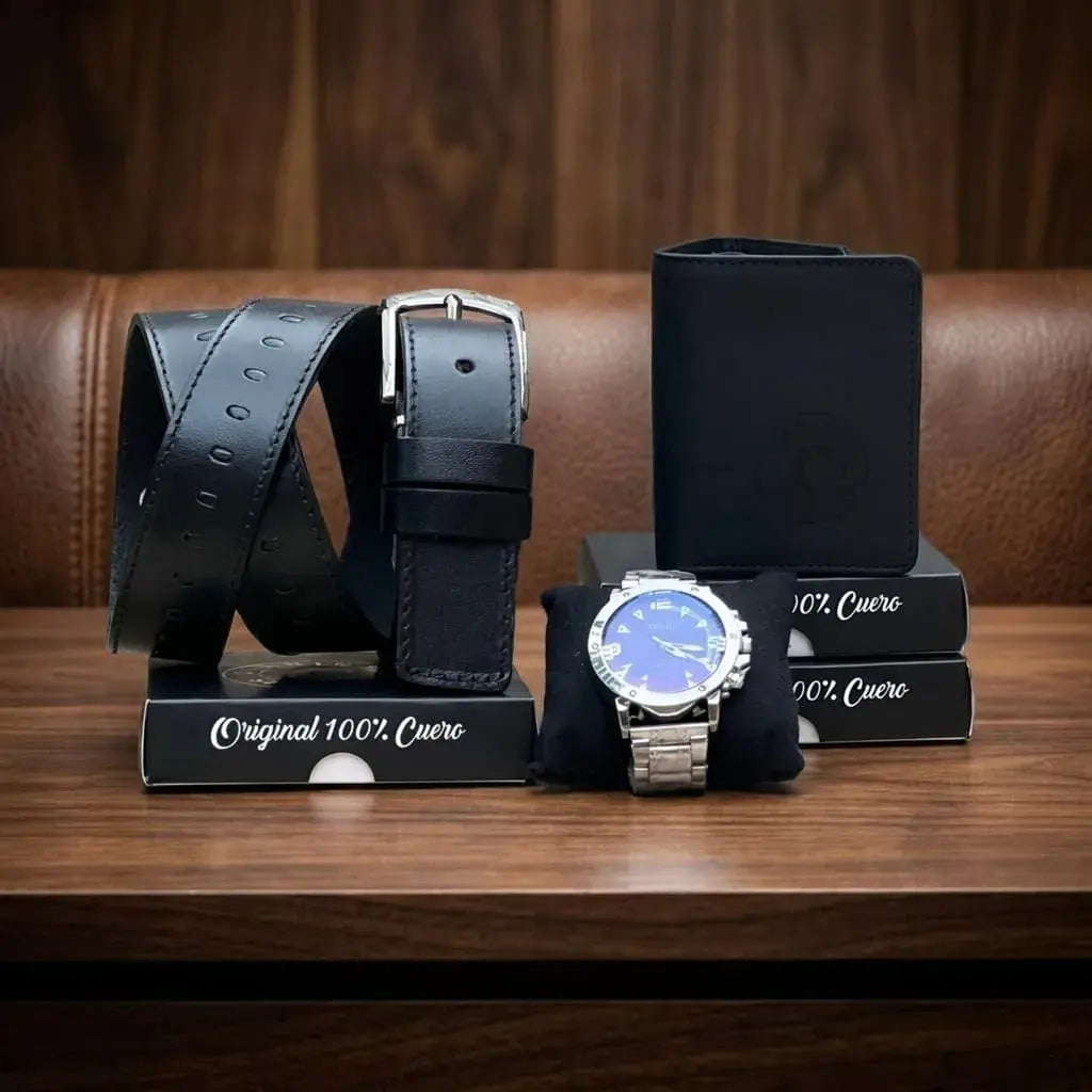Combo premium para hombre con correa repujada, billetera en cuero encerado tres partes, reloj metálico y caja de obsequio. Elegante, práctico y perfecto para regalo.