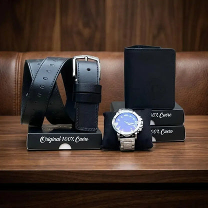 Combo premium para hombre con correa repujada, billetera en cuero encerado tres partes, reloj metálico y caja de obsequio. Elegante, práctico y perfecto para regalo.