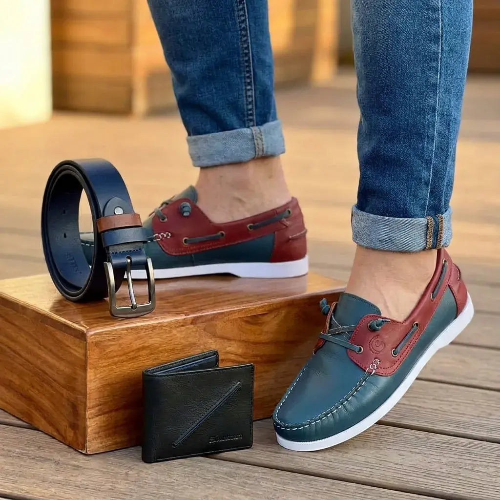 Combo para hombre con mocasín tipo Sperry en cuero, correa con hebilla importada y billetera 100% cuero. Elegante, cómodo y funcional para uso diario o regalo.