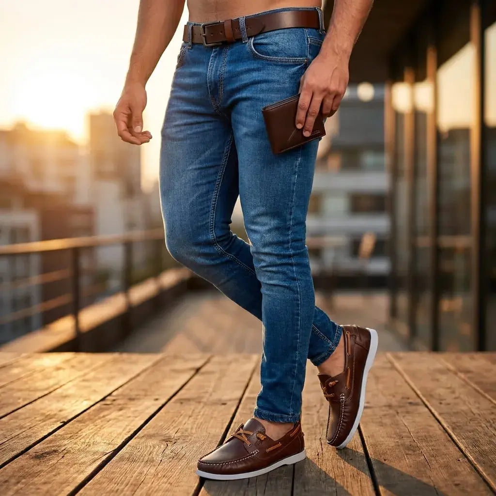 Combo para hombre con mocasín tipo Sperry en cuero, correa con hebilla importada y billetera 100% cuero. Elegante, cómodo y funcional para uso diario o regalo.