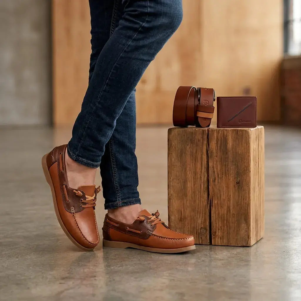 Combo para hombre con mocasín tipo Sperry en cuero, correa con hebilla importada y billetera 100% cuero. Elegante, cómodo y funcional para uso diario o regalo.