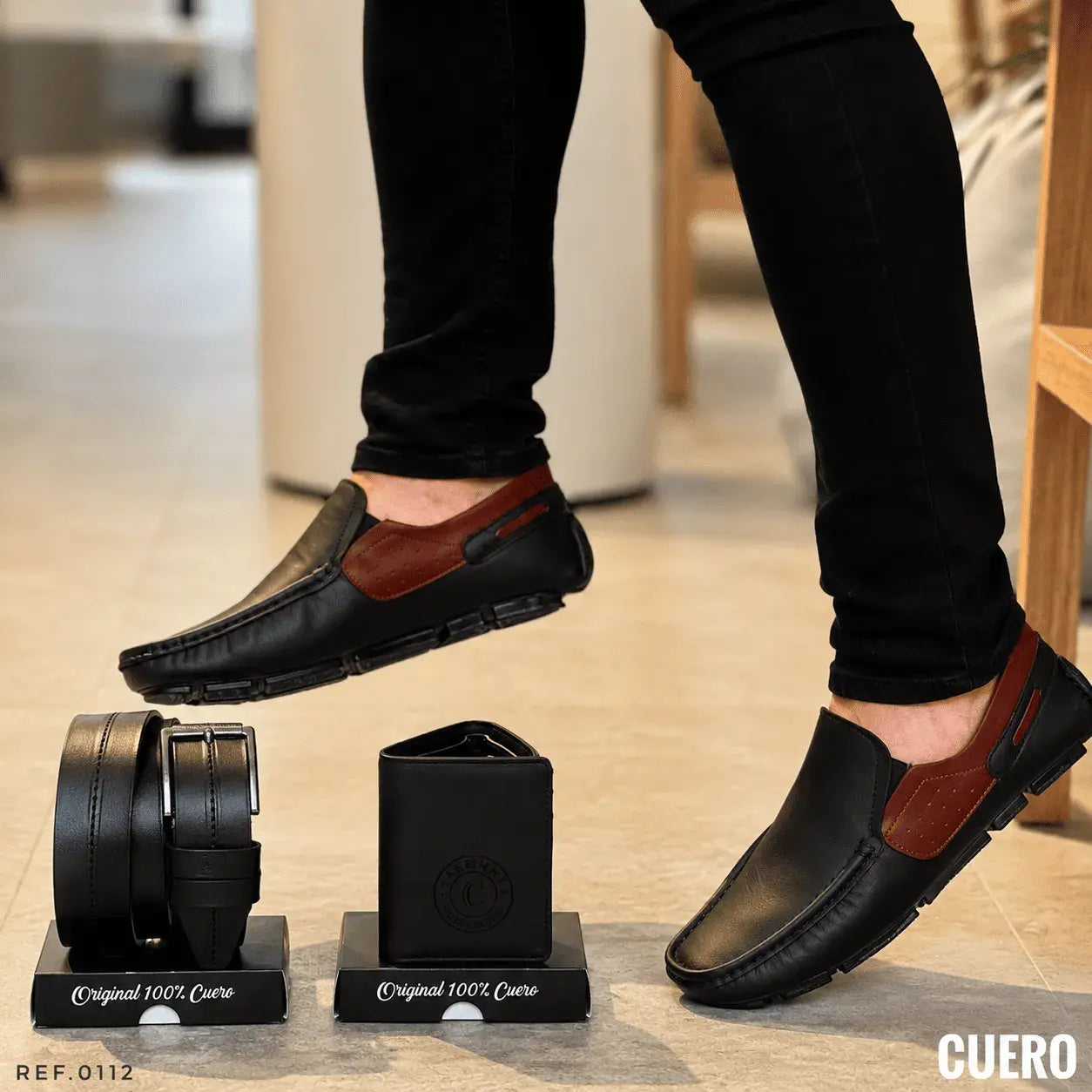Combo para hombre con mocasín tejido en cuero encerado, correa 100% cuero y billetera tres partes. Elegante, cómodo y funcional para uso diario o regalo.