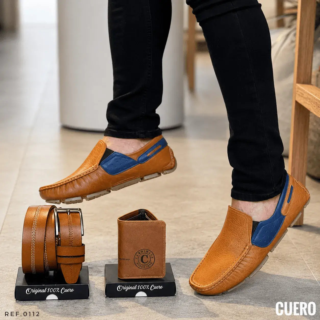 Combo para hombre con mocasín tejido en cuero encerado, correa 100% cuero y billetera tres partes. Elegante, cómodo y funcional para uso diario o regalo.