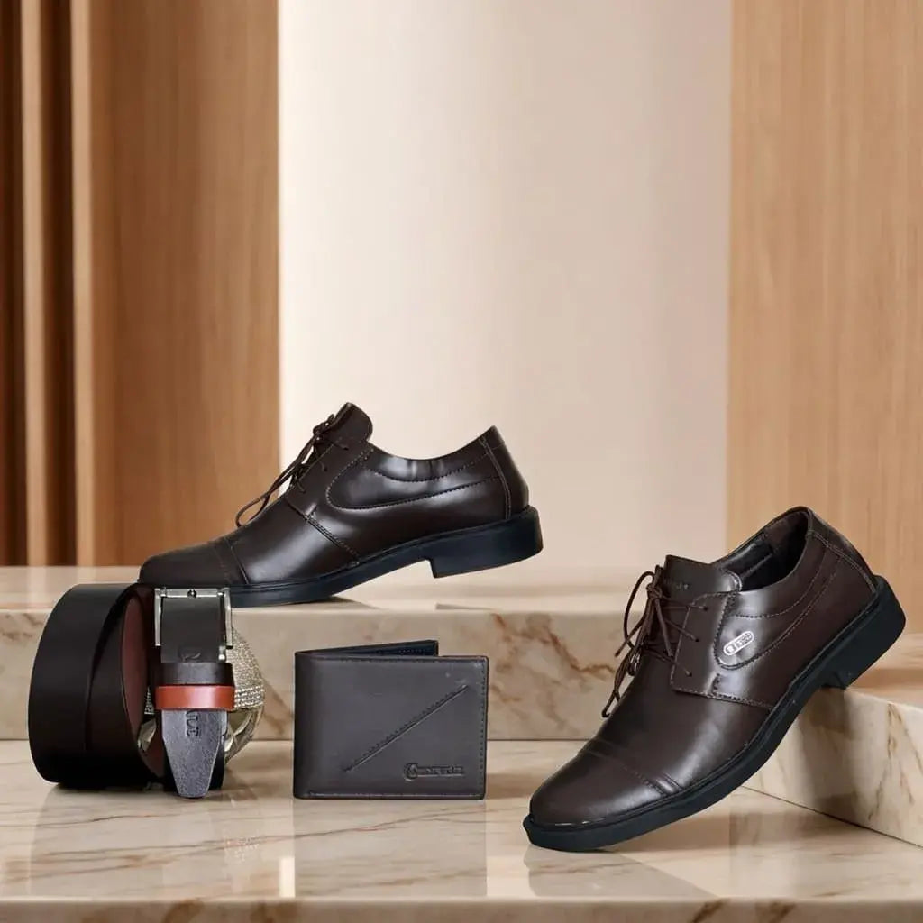 combo para hombre con zapato casual en cuero encerado, correa en cuero y billetera. Elegante, cómodo y funcional para oficina, uso diario o regalo.