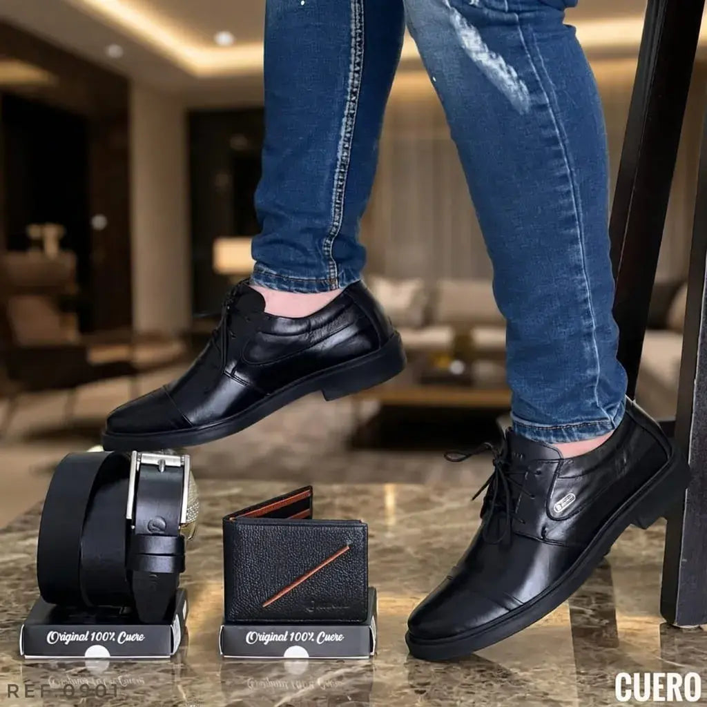 combo para hombre con zapato casual en cuero encerado, correa en cuero y billetera. Elegante, cómodo y funcional para oficina, uso diario o regalo.