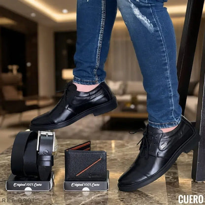 combo para hombre con zapato casual en cuero encerado, correa en cuero y billetera. Elegante, cómodo y funcional para oficina, uso diario o regalo.