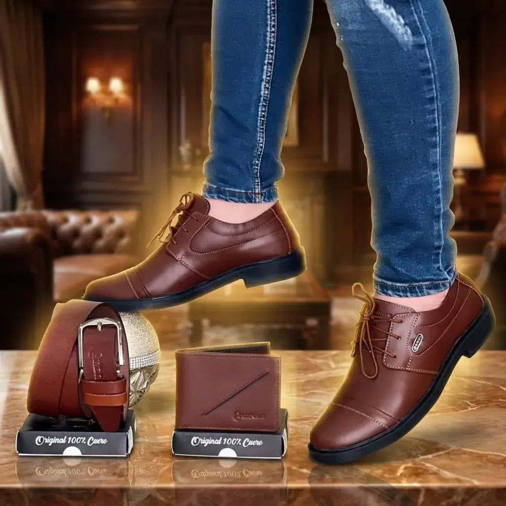 combo para hombre con zapato casual en cuero encerado, correa en cuero y billetera. Elegante, cómodo y funcional para oficina, uso diario o regalo.