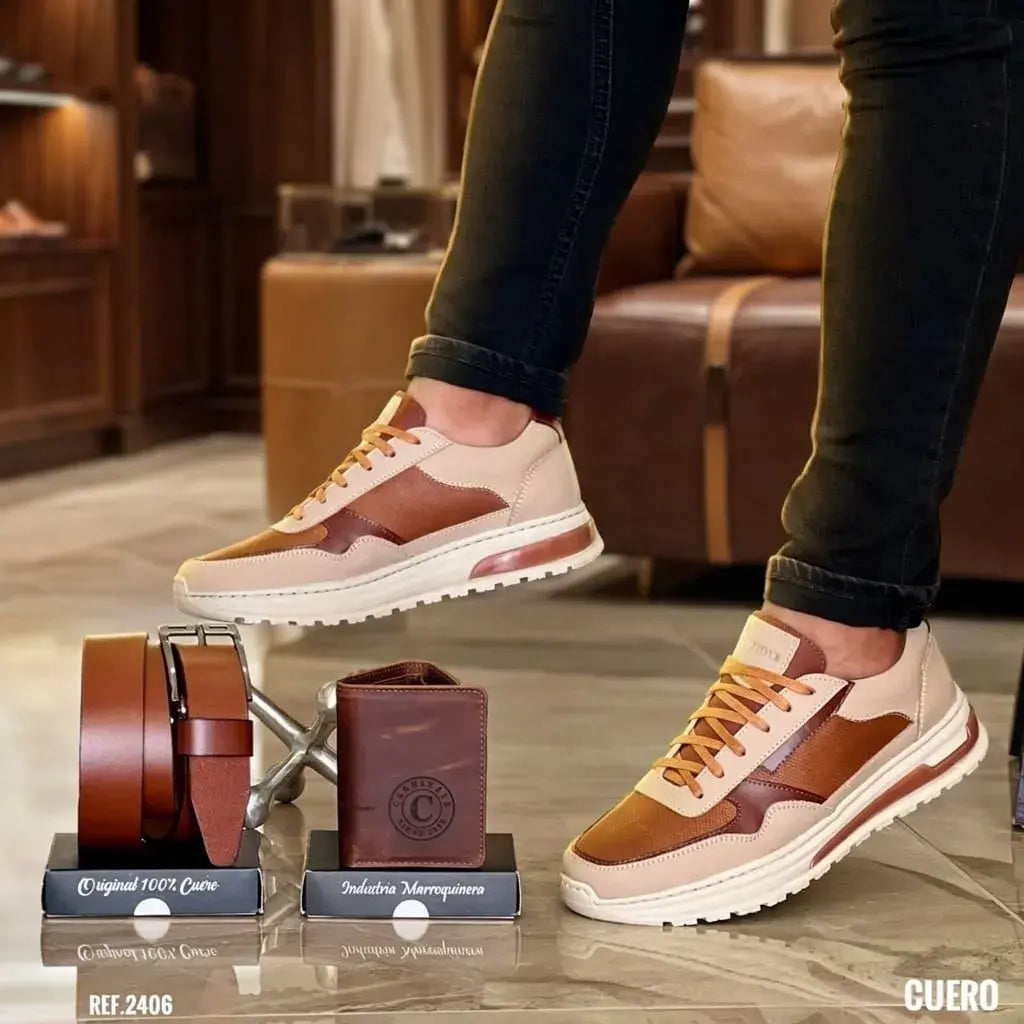 Combo para hombre con zapato sport en cuero encerado y grabado, correa en cuero y billetera en cuero encerado. Elegante, cómodo y funcional para uso diario o regalo.