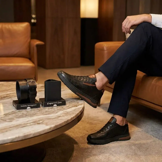 Combo para hombre con zapato sport en cuero encerado y grabado, correa en cuero y billetera en cuero encerado. Elegante, cómodo y funcional para uso diario o regalo.