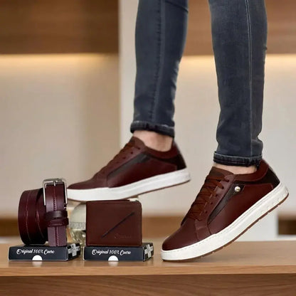 Combo para hombre con zapato sport en cuero encerado, correa en cuero y billetera. Elegante, cómodo y funcional para oficina, uso diario o regalo.