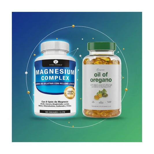 Combo de Magnesium Complex de Vital World (8 tipos de magnesio) y Aceite de Orégano con comino negro, en 200 softgels. El magnesio contribuye a disminuir el cansancio y a la función muscular y nerviosa. Con registro INVIMA.