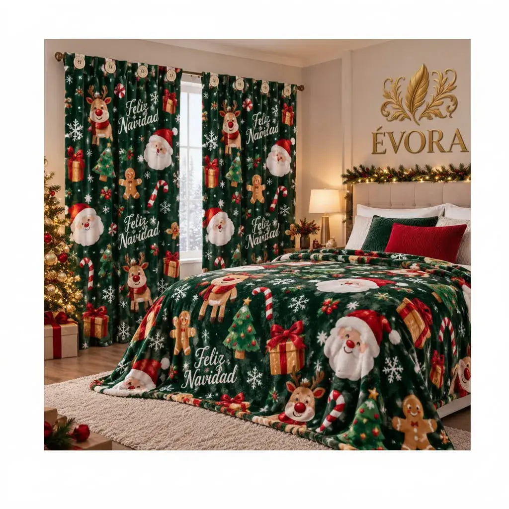 Combo navideño de cortina de 2 paneles y cobija suave a juego. Diseños “Feliz Navidad” con Papá Noel, muñeco de nieve y árboles en rojo, blanco o verde. Decora tu habitación en minutos.