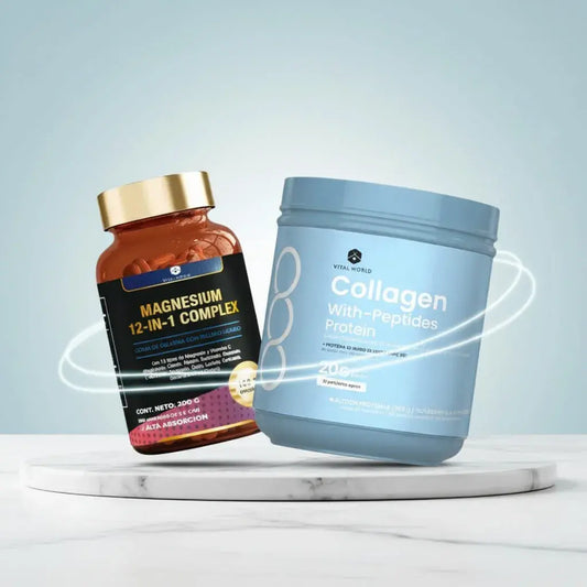 Combo Vital World: Collagen with Peptides Protein de 623 g, con proteína de suero y colágeno hidrolizado, más Magnesium 12 en 1 con vitamina C. La proteína contribuye a la masa muscular y el magnesio a disminuir el cansancio.