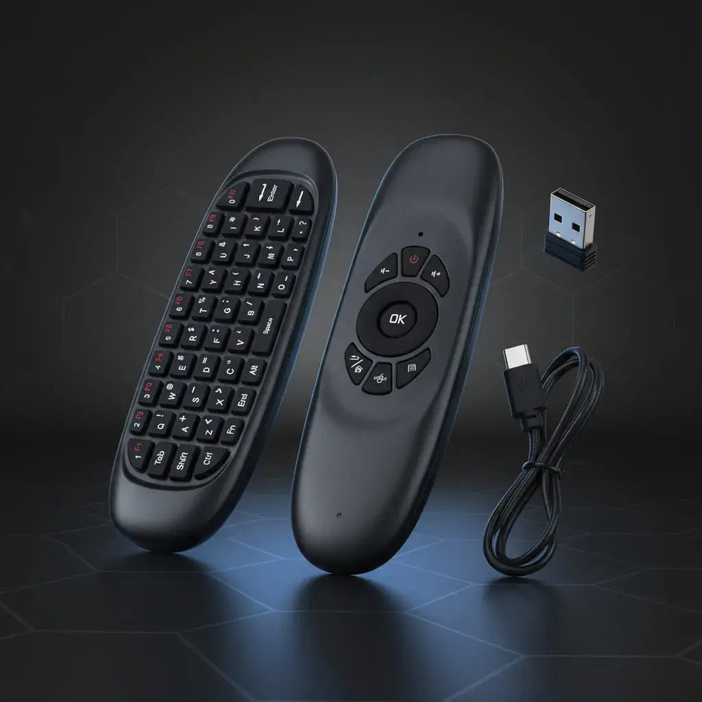 Control remoto air mouse 3 en 1 con teclado, recargable. Mueve el cursor en el aire y escribe en tu Smart TV, TV Box o computador. Receptor USB de 2.4 GHz, alcance de 10 m. Android, Windows, Linux y Mac.