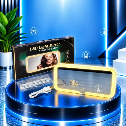 Espejo de maquillaje LED para parasol de carro, recargable por USB. 3 tonos de luz, brillo ajustable y 60 LED. Mide 26 x 13,5 cm, dura hasta 8 horas por carga y se instala con velcro en la visera.