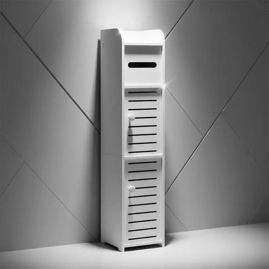 Estante organizador delgado de 80 x 17 x 15 cm en WPC impermeable, con 2 puertas y repisa abierta. Aprovecha esquinas y espacios estrechos en baño, lavandería y cocina. Resistente a la humedad. Fácil de armar.