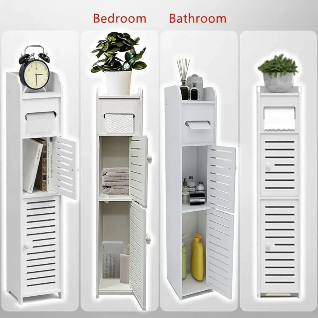 Estante organizador delgado de 80 x 17 x 15 cm en WPC impermeable, con 2 puertas y repisa abierta. Aprovecha esquinas y espacios estrechos en baño, lavandería y cocina. Resistente a la humedad. Fácil de armar.