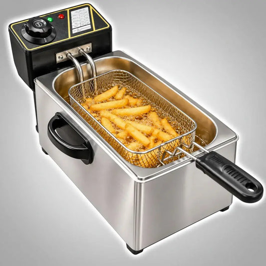 Freidora eléctrica de aceite de 3 a 6 litros y 1400 W, con control de temperatura ajustable y canasta con rejilla. Deja papas, pollo, empanadas y buñuelos crocantes y parejos. Ideal para la casa y para emprendimientos de comida.