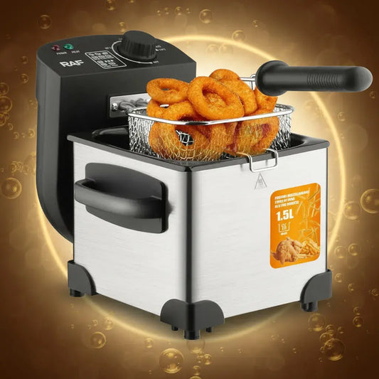 Freidora de aceite eléctrica RAF de 1,5 litros y 1000 W, con perilla de temperatura, canastilla de acero desmontable y mango frío. Es compacta, segura y fácil de limpiar. Ideal para papas, empanadas y pollo crocantes en casa.