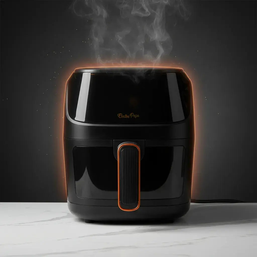 Freidora de aire digital de 10 litros para 6 a 8 personas, con ventana y luz interna, panel táctil de 8 funciones, 2400 W y apagado automático. Trae termómetro, aceitero, pinzas, moldes y recetario. Cocina con poco aceite.