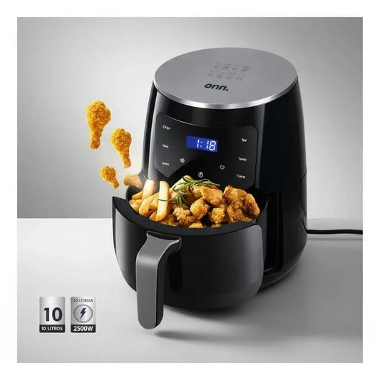 Freidora de aire ONN S-18 de 5,5 litros y 1500 W, con temperatura ajustable de 80 °C a 200 °C y canasta antiadherente fácil de limpiar. Incluye papel antiadherente. Cocina papas, pollo y más con mucho menos aceite.