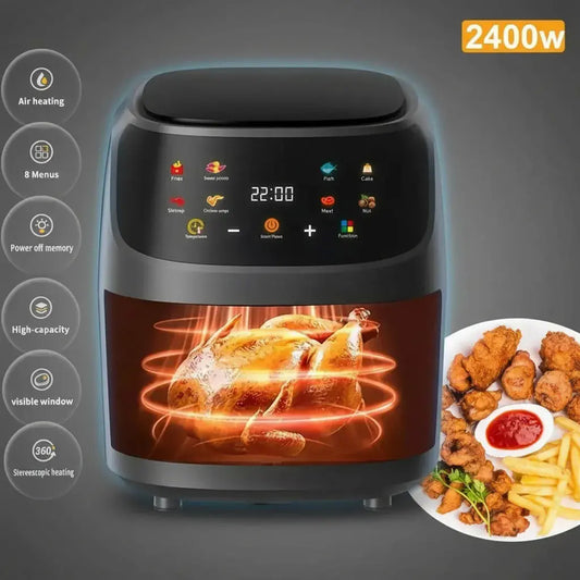 Freidora de aire eléctrica de 12 litros, de gran capacidad, para cocinar para toda la familia con poco o nada de aceite. Deja papas, pollo, carnes y verduras crocantes. Es de 110V y 2400 W, trae 1 canasta y es fácil de usar.