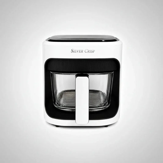 Freidora de aire digital Silver Crisp de 8 litros con canasta de vidrio resistente al calor, panel táctil, aire caliente 360°, temperatura de 80 °C a 200 °C y temporizador de 60 minutos. Trae rejilla de acero inoxidable. Fácil de limpiar.