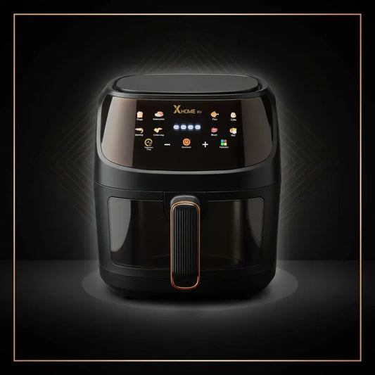 Freidora de aire X HOME RV de 12 litros de extra capacidad, con panel fácil de usar y accesorios incluidos. Cocina rápido y parejo con menos aceite. Ideal para papas, pollo, carnes y pizzas para toda la familia.