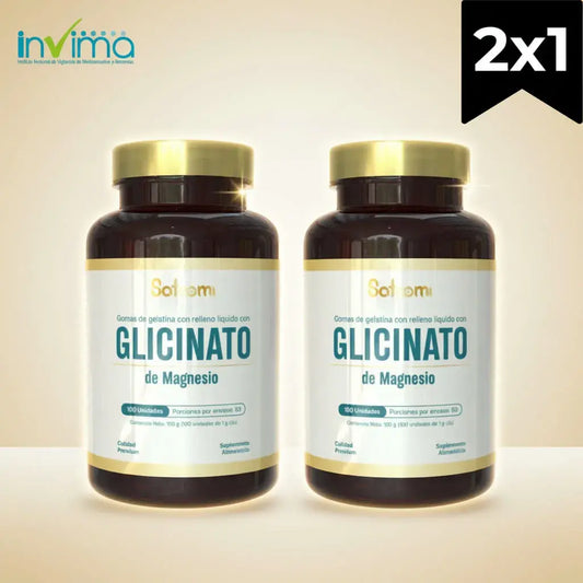 Combo x2 de Glicinato de Magnesio Satoomi: 200 unidades fáciles de tomar y sin pastillas. El magnesio contribuye a disminuir el cansancio, a la función muscular, al sistema nervioso y a los huesos. Con registro INVIMA.
