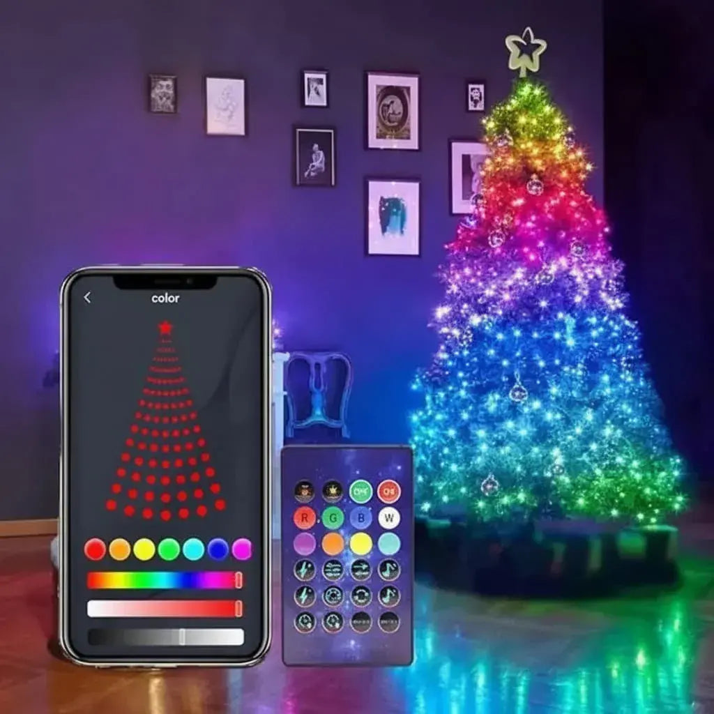 Guirnalda de luces LED RGB con control remoto: cambia de color, modos de luz, brillo y velocidad. Colores RGB, blanco y multicolor. Se conecta al enchufe y es de bajo consumo. Ideal para el árbol de Navidad, ventanas, fiestas y cuartos.