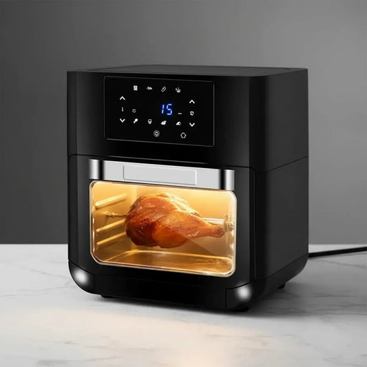 Horno freidora de aire de 12 litros y 1600 W, con pantalla táctil, temperatura de 60 °C a 200 °C, temporizador de 60 minutos, eje asador, canasta giratoria y bandejas. Fríe, hornea, asa y rostiza con poco o nada de aceite.