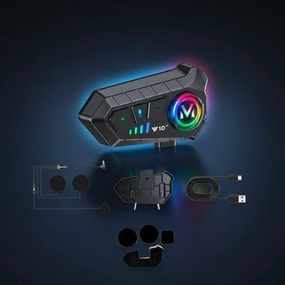 Intercomunicador Bluetooth 5.3 para casco de moto Y10: comunicación entre 2 cascos, música y llamadas manos libres. Resistente a la lluvia (IPX6), carga tipo C y botones fáciles de usar con guantes.