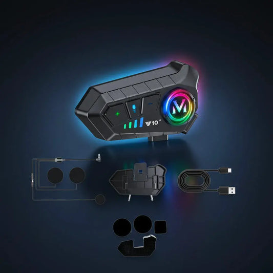 Intercomunicador Bluetooth 5.3 para casco de moto Y10: comunicación entre 2 cascos, música y llamadas manos libres. Resistente a la lluvia (IPX6), carga tipo C y botones fáciles de usar con guantes.