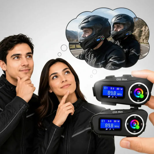 Combo de 2 intercomunicadores Bluetooth para casco de moto Q58-Max. Comunicación piloto-copiloto, llamadas manos libres, música y radio FM. Reducción de ruido, pantalla LCD y resistentes al agua.