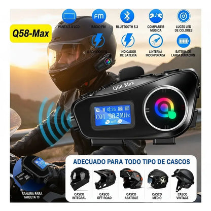 Combo de 2 intercomunicadores Bluetooth para casco de moto Q58-Max. Comunicación piloto-copiloto, llamadas manos libres, música y radio FM. Reducción de ruido, pantalla LCD y resistentes al agua.
