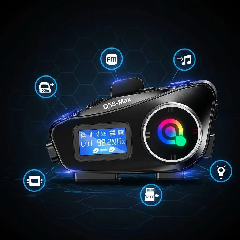 Combo de 2 intercomunicadores Bluetooth para casco de moto Q58-Max. Comunicación piloto-copiloto, llamadas manos libres, música y radio FM. Reducción de ruido, pantalla LCD y resistentes al agua.