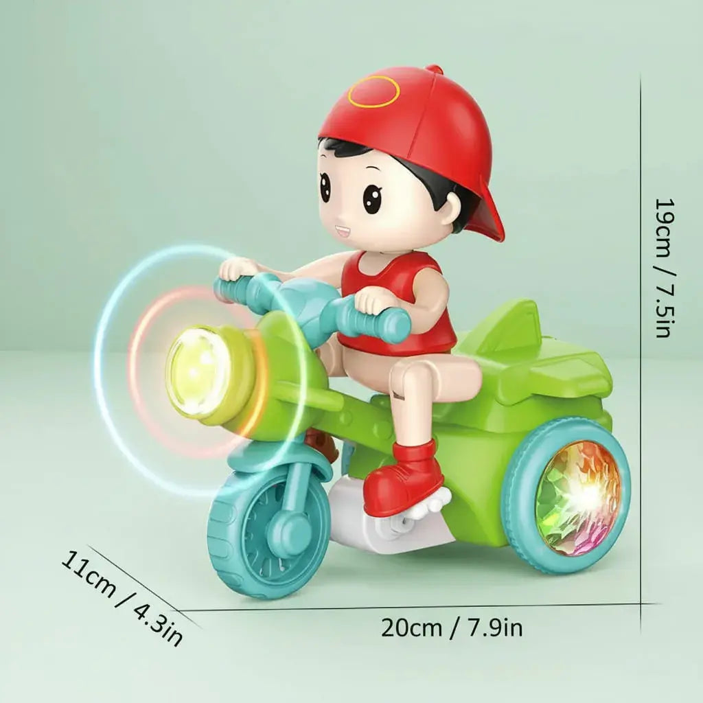 Juguete motociclista en triciclo con luces de colores y música. Avanza solo y gira 360°. Piezas desmontables para armar y desarmar. Plástico ABS resistente. Ideal para regalar a niños pequeños en Navidad.