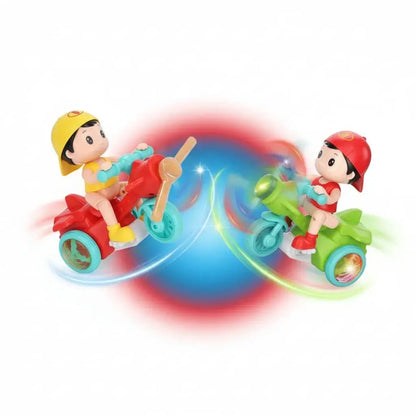 Juguete motociclista en triciclo con luces de colores y música. Avanza solo y gira 360°. Piezas desmontables para armar y desarmar. Plástico ABS resistente. Ideal para regalar a niños pequeños en Navidad.