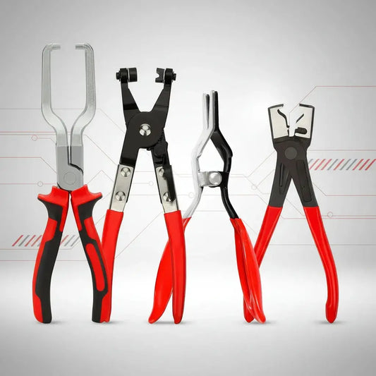 Kit de 4 alicates para retirar e instalar abrazaderas de mangueras de radiador, combustible y aire. Llegan a espacios reducidos del motor con agarre firme. Ideal para talleres, mecánicos y aficionados.